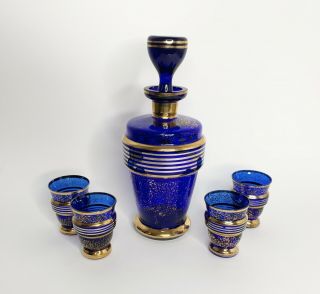 Bohemian Cobalt Blue Glass Gold Decanter Cordial Shot Glasses Vintage Set