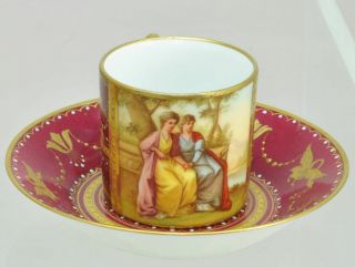 Antique Royal Vienna Beehive Mark Hp Porcelain " Poesie " Demitasse Cup & Saucer