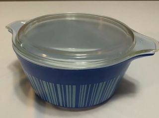 Vintage Pyrex Blue Striped Barcode 474 - B 1 1/2 Quart Casserole Dish & Lid