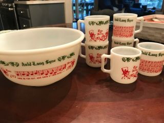 Vintage Milk Glass Hazel Atlas Christmas Tom & Jerry Punch Bowl 6 Mugs
