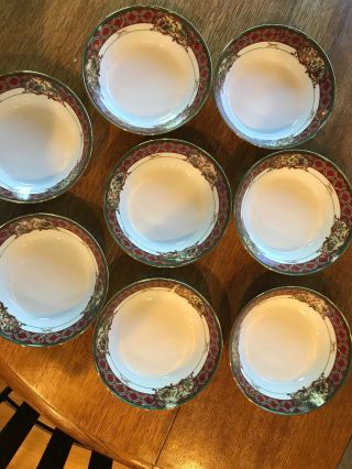 8 Noritake Royal Hunt Soup Bowls 7” Red Green,  Complete Set Of 8
