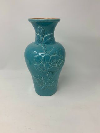 Vintage Red Wing Art Pottery Blue Magnolia Pattern Vase 1022 10” Tall