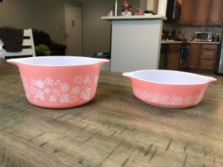 Vintage Pyrex Pink Gooseberry Set of 2 Round Casserole Dishes Bowls 471 473 2