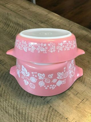 Vintage Pyrex Pink Gooseberry Set of 2 Round Casserole Dishes Bowls 471 473 3