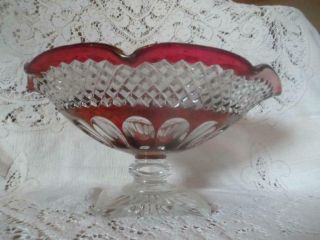 Vintage Bohemian Ruby Red Cut To Clear Crystal Czech Glass Diamond Point Compote