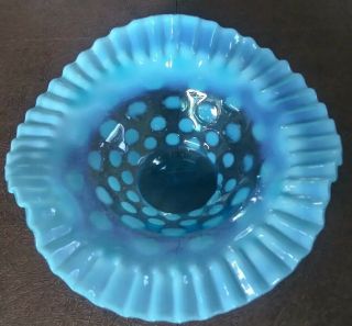 Vintage Fenton Coin Dot Persian Blue Opalescent Dot Optic Triangle Bowl 1930’s