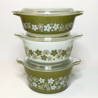 Vintage Pyrex Green Spring Blossom Crazy Daisy Casserole Ovenware Dishes Lids