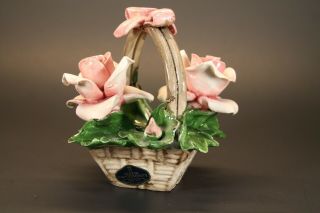 Vintage Capodimonte Porcelain Rose Flower Basket Bow On Handle Italy