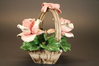 Vintage Capodimonte Porcelain Rose Flower Basket Bow on Handle Italy 2