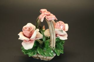 Vintage Capodimonte Porcelain Rose Flower Basket Bow on Handle Italy 3