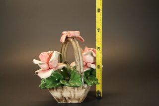 Vintage Capodimonte Porcelain Rose Flower Basket Bow on Handle Italy 4