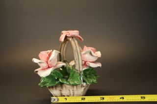 Vintage Capodimonte Porcelain Rose Flower Basket Bow on Handle Italy 5