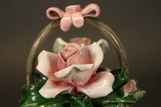 Vintage Capodimonte Porcelain Rose Flower Basket Bow on Handle Italy 6