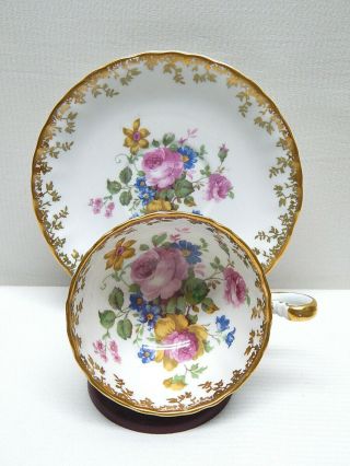 Stunning Aynsley Bone China Blue Cup & Saucer W/ Cabbage Rose / Bouquet