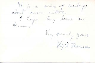 S775.  Virgil Thomson Composer,  Autographed Signed Hand Written Note Dated 8/5/72