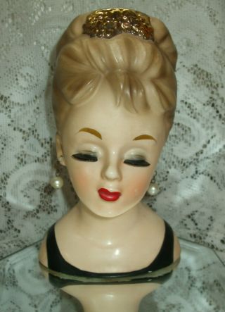 Vintage Lady Head Vase Inarco E - 1062 Gold Tiara Updo Pearls