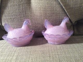 Two Vintage Boyd Glass Nesting Hens Chicken Purple Candy Salt Dishes Iridescent 3