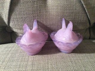Two Vintage Boyd Glass Nesting Hens Chicken Purple Candy Salt Dishes Iridescent 4