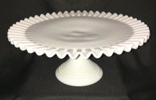 Vintage Fenton White Milk Glass Hobnail Pedestal Footed Cake Plate Stand Ruffled