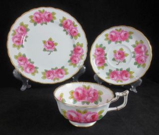 Royal Chelsea England Pink Roses Trio 486 Cup,  Saucer And Dessert Plate
