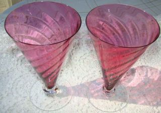 2 - Art Glass Cranberry Swirl Steuben 6562/ Theresienthal Garda 8” Parfait Stems