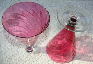 2 - Art Glass Cranberry Swirl Steuben 6562/ Theresienthal GARDA 8” Parfait Stems 2