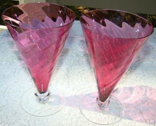 2 - Art Glass Cranberry Swirl Steuben 6562/ Theresienthal GARDA 8” Parfait Stems 6