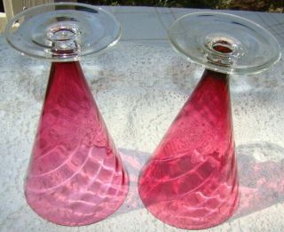 2 - Art Glass Cranberry Swirl Steuben 6562/ Theresienthal GARDA 8” Parfait Stems 7