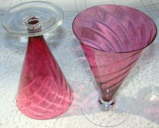 2 - Art Glass Cranberry Swirl Steuben 6562/ Theresienthal GARDA 8” Parfait Stems 8