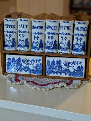 Vintage Blue Willow Spice Rack Set Shakers With Wooden Shelf,  Japan