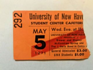 J.  Geils Band Ticket Stub University Of Haven May 5 1971 Late Show