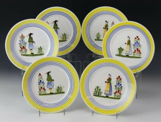 6 Signed Henriot Quimper France Painted Ceramic Breton Man Woman Salad Plate Smb