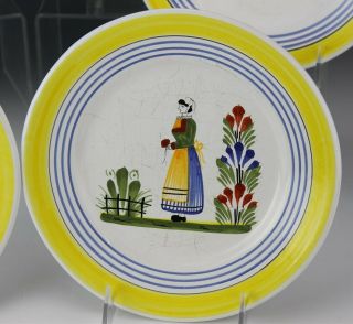 6 Signed Henriot Quimper France Painted Ceramic Breton Man Woman Salad Plate SMB 3