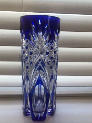 Vintage Bohemian Glass Blue Cut To Clear Crystal Floral Vase