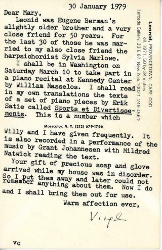 S725.  Virgil Thomson Composer,  Autographed Signed Letter Dated 1/30/1979 With En