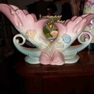 Hull Art Pottery Bow Knot Cornucopia Flower Vase Pastel Pink & Blue B - 13 - 13 Usa