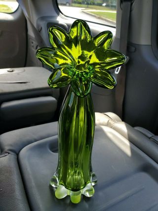 Extremely Rare Mid Century Green Swung Glass Sunflower Vase Viking? L.  E Smith?