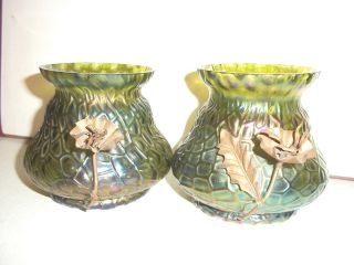 Pair Art Nouveau Loetz Iridescent Glass Vases C1900 With Metal Mounts