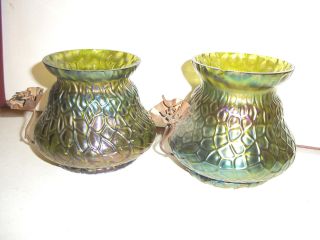 Pair Art Nouveau Loetz Iridescent Glass Vases c1900 with metal mounts 2