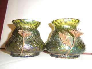 Pair Art Nouveau Loetz Iridescent Glass Vases c1900 with metal mounts 3