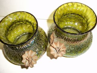 Pair Art Nouveau Loetz Iridescent Glass Vases c1900 with metal mounts 4