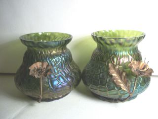 Pair Art Nouveau Loetz Iridescent Glass Vases c1900 with metal mounts 7
