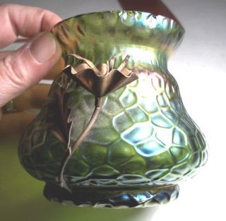 Pair Art Nouveau Loetz Iridescent Glass Vases c1900 with metal mounts 8