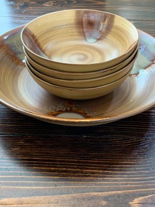 Sango Splash Brown 4951 Drip Glaze Stoneware 14” Pasta Serving Bowl & 4 Bowls