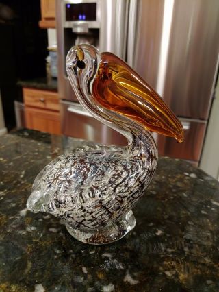 Hand Blown Art Glass Pelican Figurine Murano Style Paperweight 6 "