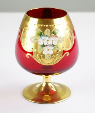 Murano Ruby Red Raised Flower Brandy Snifter Glass Gold W Label Vintage Salviati