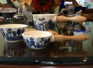 Danish? Vintage Blue Willow Ceramic Measuring Cups With Wood Handles