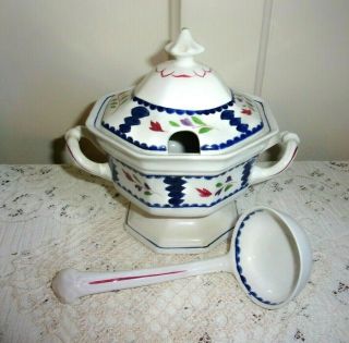 Adams China Co.  Lancaster Hand Painted English Ironstone Sauce Tureen With Ladle