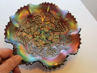 Antique Northwood Fiery Amtheyst Grape & Cable 8 Ruffle Edge Carnival Glass Bowl 2