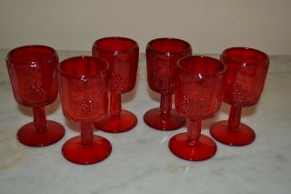 Lg Wright Ruby Red Paneled Grape Cordials Or Small Wine Glasses,  4 In,  Set Of 6